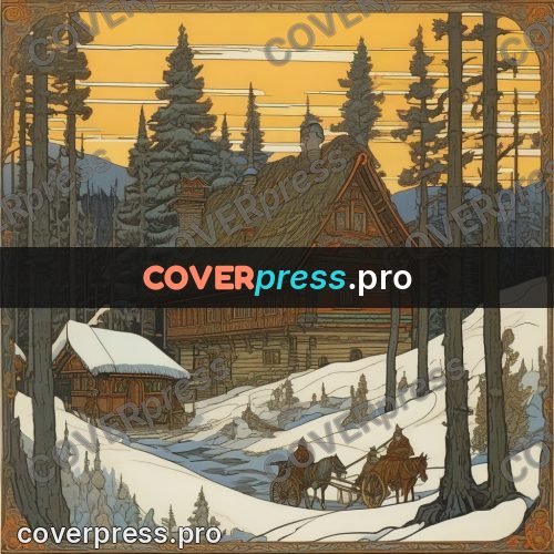 Bilibin style drawing: house in a winter forest