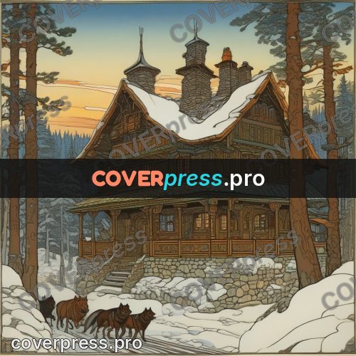 Bilibin style drawing: house in a winter forest
