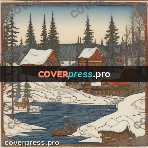 Bilibin style drawing: winter village by a river