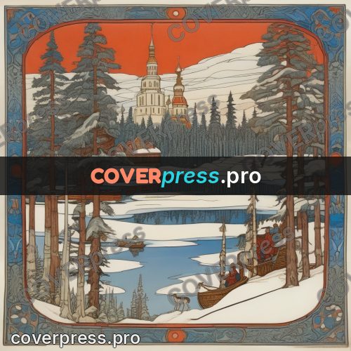 Bilibin style drawing: winter village by a river