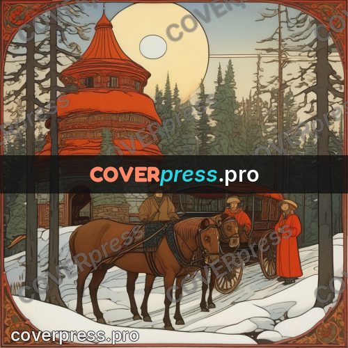 Bilibin style drawing: cart among snowy fir trees