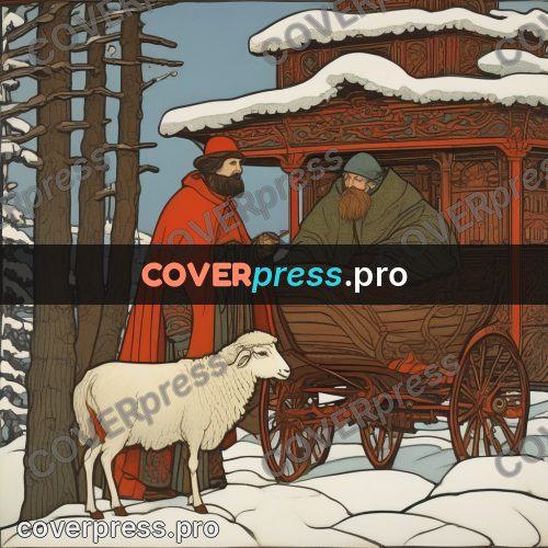 Bilibin style drawing: cart among snowy fir trees