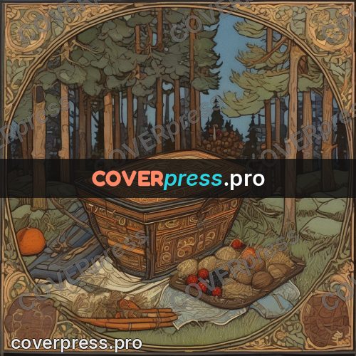 Bilibin style drawing: carved chest in a forest