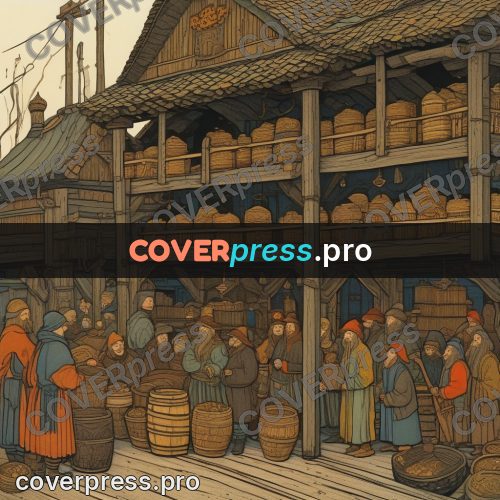 Bilibin style drawing: market rows with barrels