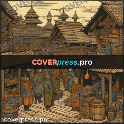 Bilibin style drawing: market rows with barrels
