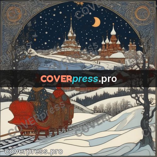 Bilibin style drawing: sleigh on the snow