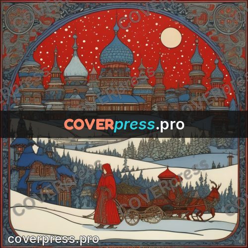 Bilibin style drawing: sleigh on the snow