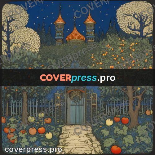 Bilibin style drawing: apple orchard at night