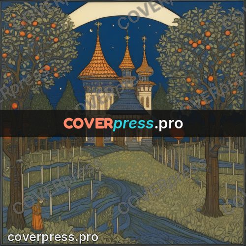 Bilibin style drawing: apple orchard at night