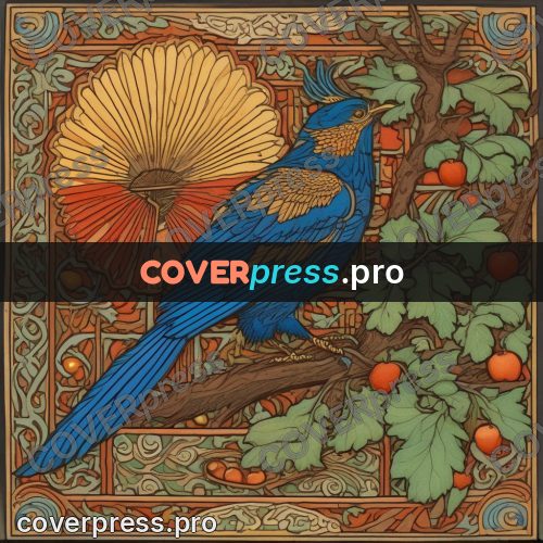 Bilibin style drawing: bird on a garden branch