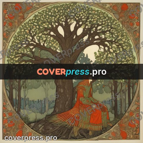 Bilibin style drawing: firebird on a tree