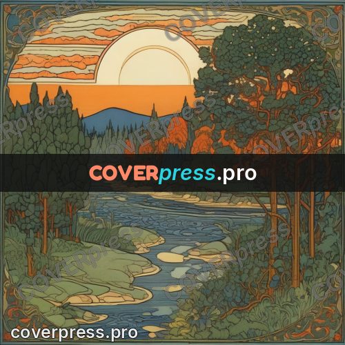 Bilibin style drawing: forest river at sunset