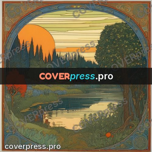 Bilibin style drawing: forest river at sunset
