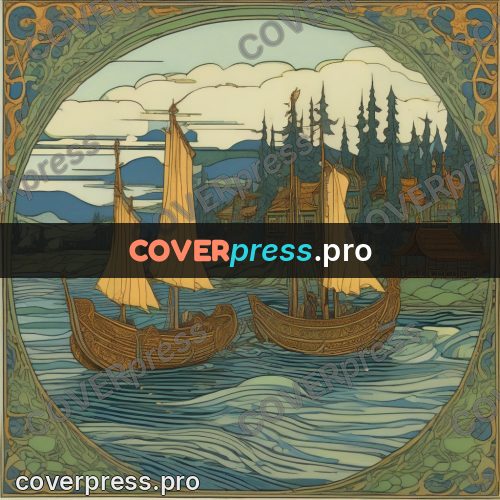 Bilibin style drawing: longboat under sail on a river