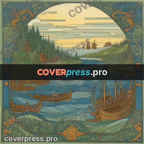 Bilibin style drawing: longboat under sail on a river