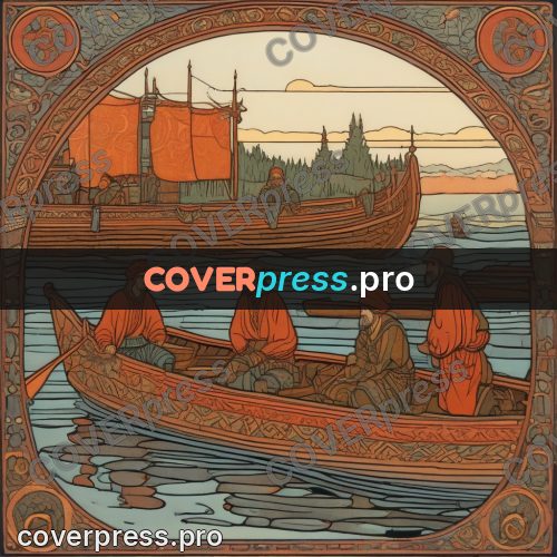 Bilibin style drawing: boat with people at a landing