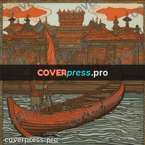 Bilibin style drawing: boat with people at a landing