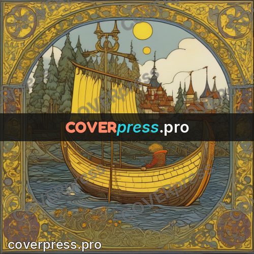 Bilibin style drawing: boat on sunlit water