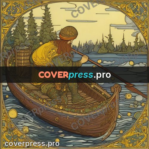 Bilibin style drawing: boat on sunlit water