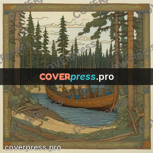 Bilibin style drawing: longboat on a forest river