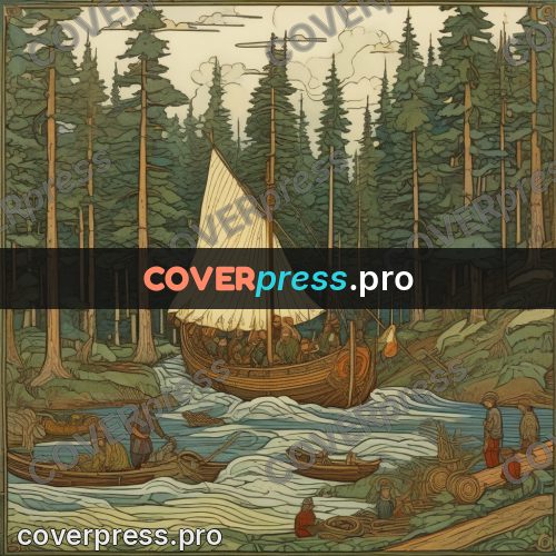 Bilibin style drawing: longboat on a forest river