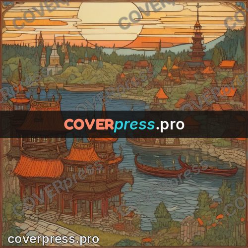 Bilibin style drawing: wooden town by a river