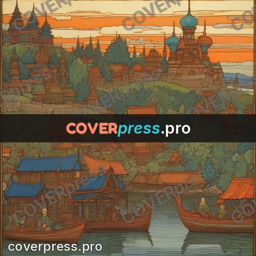 Bilibin style drawing: wooden town by a river