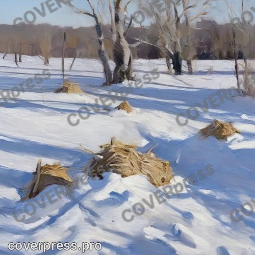В стиле Широкий мазок: ряд саженцев, укрытых грубой мешковиной, ветер срывает с гряд снежную пыль и уносит её