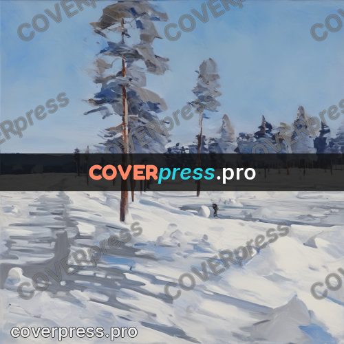 Oil painting illustration: snowy field with pines