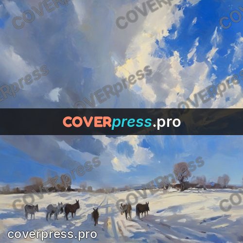 Oil painting illustration: donkey in a snowy field