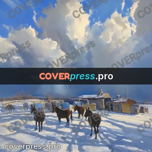 Oil painting illustration: donkey in a snowy field