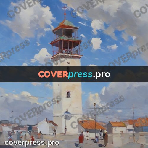Oil painting illustration: cloudy sky above the roofs