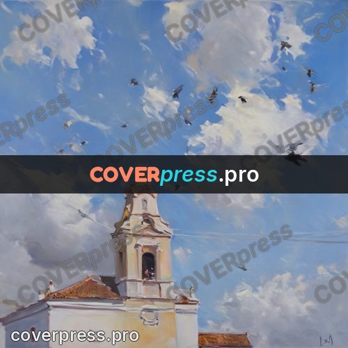 Oil painting illustration: cloudy sky above the roofs