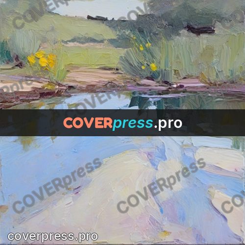 Oil painting illustration: pond among green banks