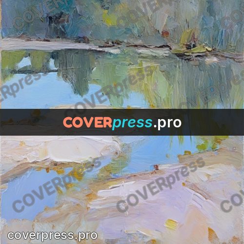 Oil painting illustration: pond among green banks