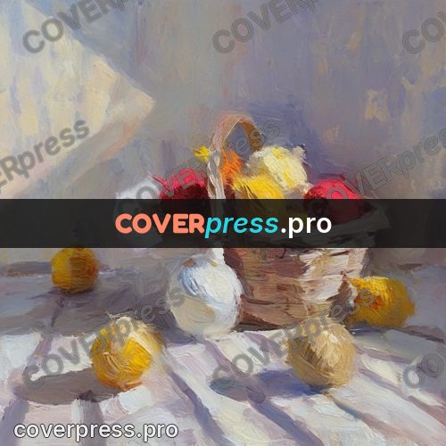 Oil painting illustration: basket of wool balls