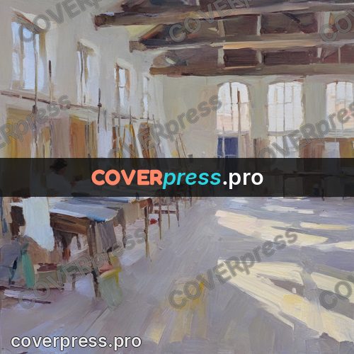 Oil painting illustration: bright workshop with tall windows