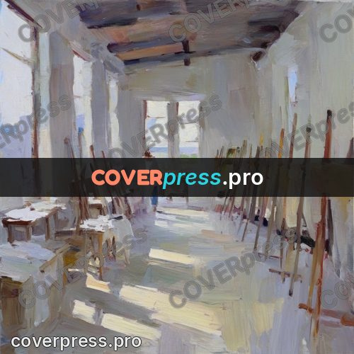 Oil painting illustration: bright workshop with tall windows
