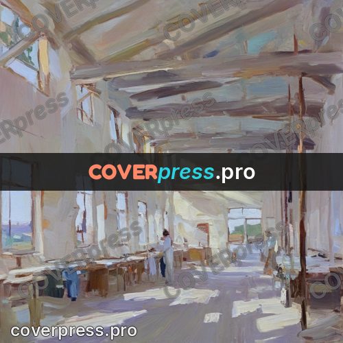 Oil painting illustration: bright workshop with tall windows
