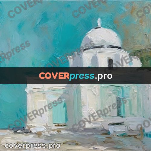 Oil painting illustration: white building with a dome
