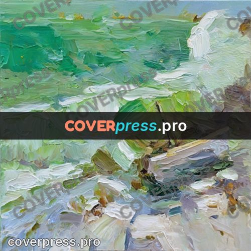 Oil painting illustration: green water by the shore