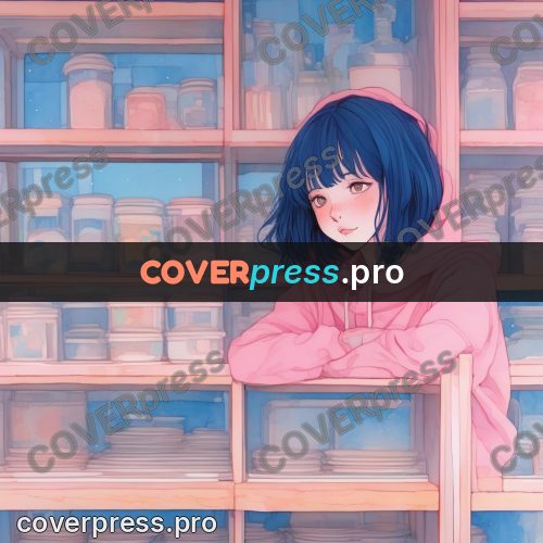 Aesthetic drawing: girl in a hoodie by shelves
