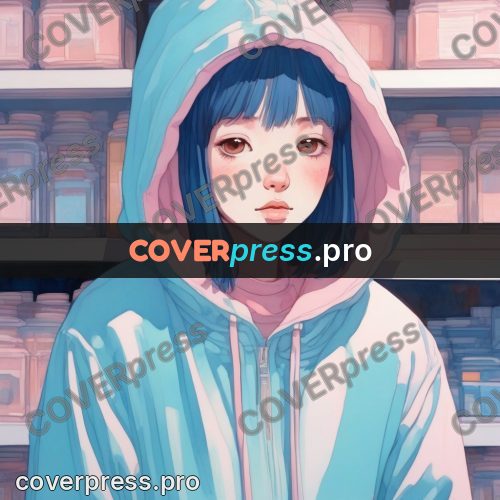 Aesthetic drawing: girl in a hoodie by shelves
