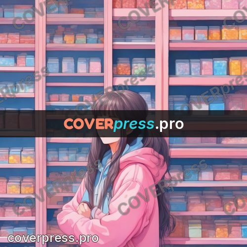 Aesthetic drawing: girl among tall shelves