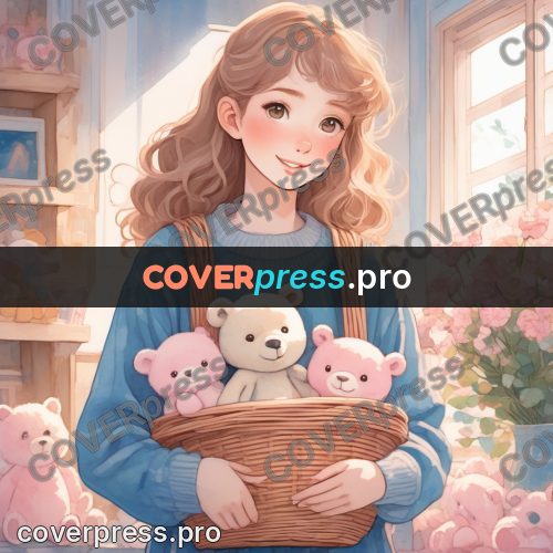 Aesthetic drawing: girl holding a basket of bears
