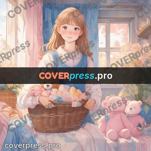 Aesthetic drawing: girl holding a basket of bears