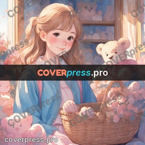 Aesthetic drawing: girl holding a basket of bears