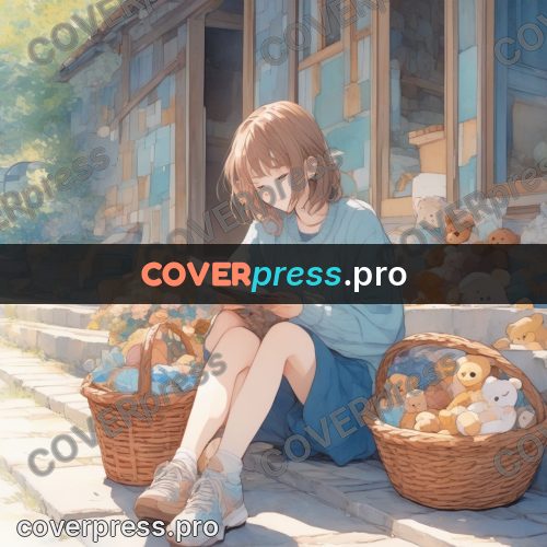 Aesthetic drawing: girl sitting among teddy bears