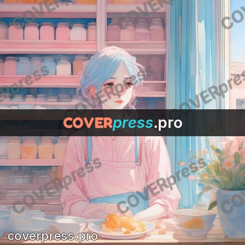 Aesthetic drawing: girl with pink hair by shelves
