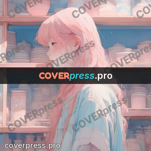 Aesthetic drawing: girl with pink hair by shelves